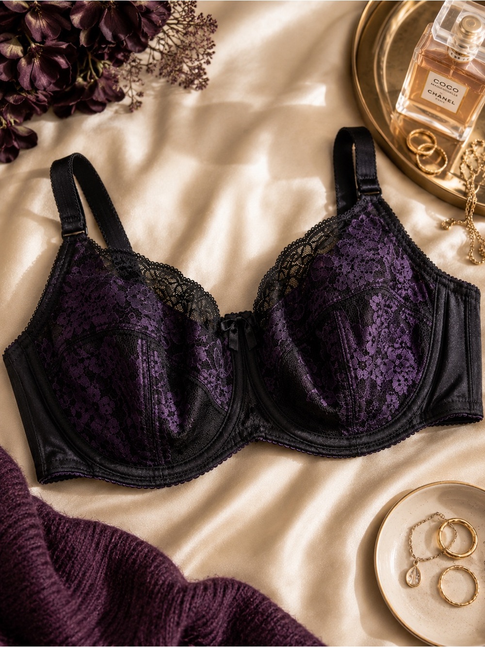 Panache Clara Full Cup Balconette Bra 40J Black Purple Lace Underwire